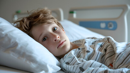 A young boy lying in a hospital bed looking pensive and thoughtful