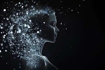 Digital silhouette of woman disintegrating into particles.