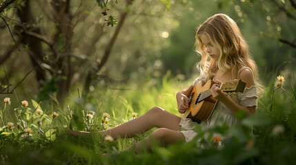 
A young girl sitting in a meadow playing a small guitar with a serene expression