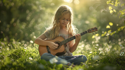 
A young girl sitting in a meadow playing a small guitar with a serene expression