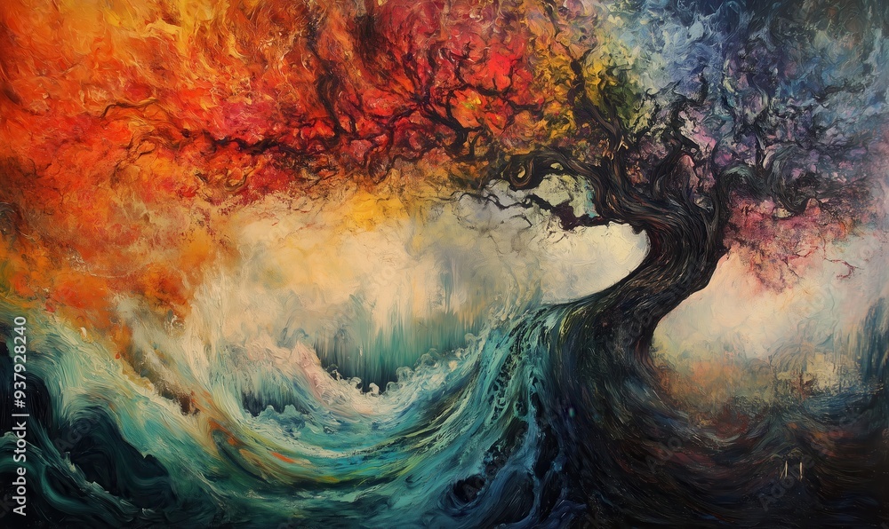 Poster a painting of a tree with a wave in the background. the tree is surrounded by a colorful swirl of wa