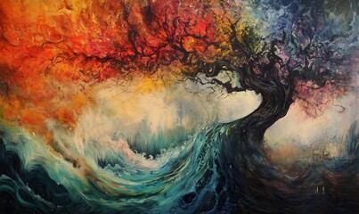 A painting of a tree with a wave in the background. The tree is surrounded by a colorful swirl of water. The painting conveys a sense of movement and energy, with the tree