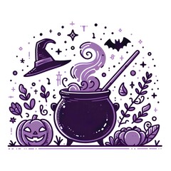 Violet witch cauldron, Halloween element in modern flat, line style. Hand drawn illustration.