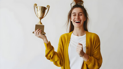 A young woman holding a golden trophy