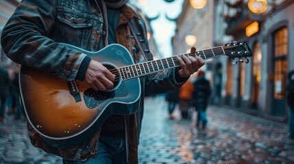 A street musician plays guitar in a lanternlit city alley during autumn, creating a warm, cozy...