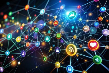 Dynamic network illustration featuring moving dots and colorful icons representing connections, technology, and data exchange on a sleek black background, digitally generated.