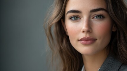 Naklejka premium Close-up of a businesswoman with a professional yet approachable expression, wearing a smart blazer and with a clean, clear face