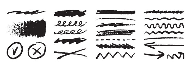 Grunge lines, hand drawn Rough strokes. Texture charcoal or pencil drawing. Crayon scribbles set. 