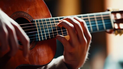Obraz premium A person plays an instrument like a guitar or piano. The focus is on their hands, capturing the passion and skill of making music in a cozy room, studio, or outdoor space.