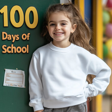 Cute schoolkid in white sweatshirt mockup, smiling girl model nere classroom blacboard with text 100 Days Of School on it. Children's back to school, 100th school day blank long sleeve t-shirt mock up