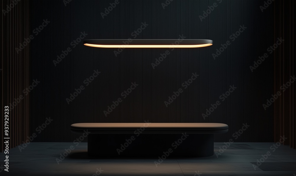 Poster a black room with a table and a light fixture. the light fixture is hanging from the ceiling and is 