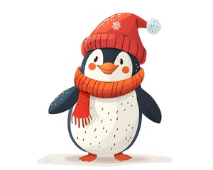 Obraz premium Cheerful Cartoon Penguin in Winter Hat on White Background