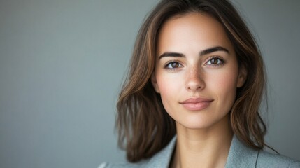 Naklejka premium Close-up of a businesswoman with a professional yet approachable expression, wearing a smart blazer and with a clean, clear face