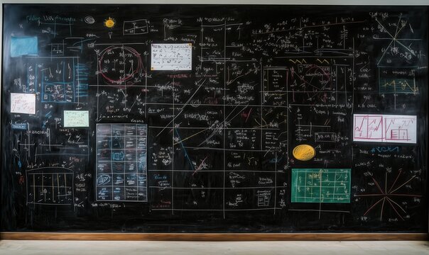 A blackboard with a lot of equations and drawings on it. Scene is serious and focused
