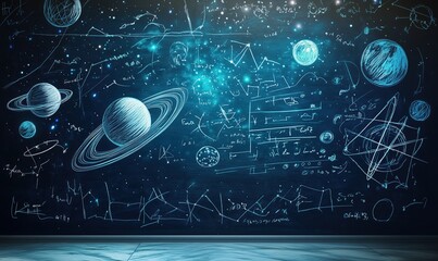 A blue wall with a drawing of planets and stars and equations. Scene is scientific and educational