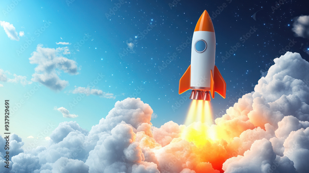 Poster rocket launch, a colorful rocket is launching into the sky, representing the exciting and dynamic sp
