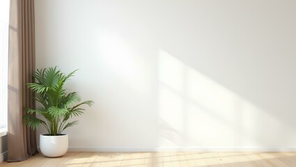 Plant against a white wall mockup. White wall mockup with brown curtain, plant and wood floor of modern house home blank architecture background room with vase pot decoration. 3D illustration, nobody.