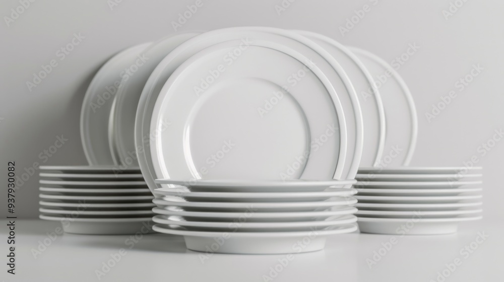 Poster A collection of white plates stacked on a table, ideal for use in food and dining settings