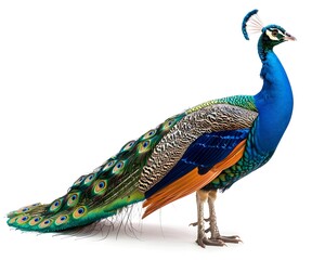 Obraz premium Majestic Peacock Displaying Vibrant Feathers and Proud Stance on White Background
