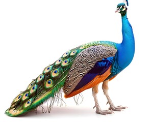 Obraz premium Majestic Peacock Displaying Vibrant Feathers with Intricate Patterns on White Background