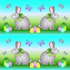 Easter seamless vector pattern with bunnies, painted eggs and butterflies. Seamless festive spring background with gray cute rabbits in the meadow and easter eggs.	