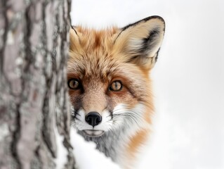 Obraz premium Curious Fox Peeking from Behind Tree with Mischievous Eyes and Detailed Fur