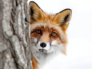 Fototapeta premium Curious Fox Peeking from Behind Tree with Mischievous Eyes and Detailed Fur