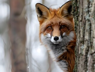Fototapeta premium Curious Forest Fox Peeking from Tree with Mischievous Eyes and Detailed Fur