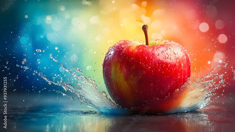 Poster red apple splashing in water with colorful bokeh background.