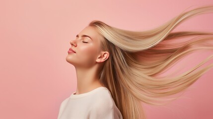 Fototapeta premium A smiling fashion model with blonde hair isolated on a soft pastel background with copy space. Blonde hair care products banner template