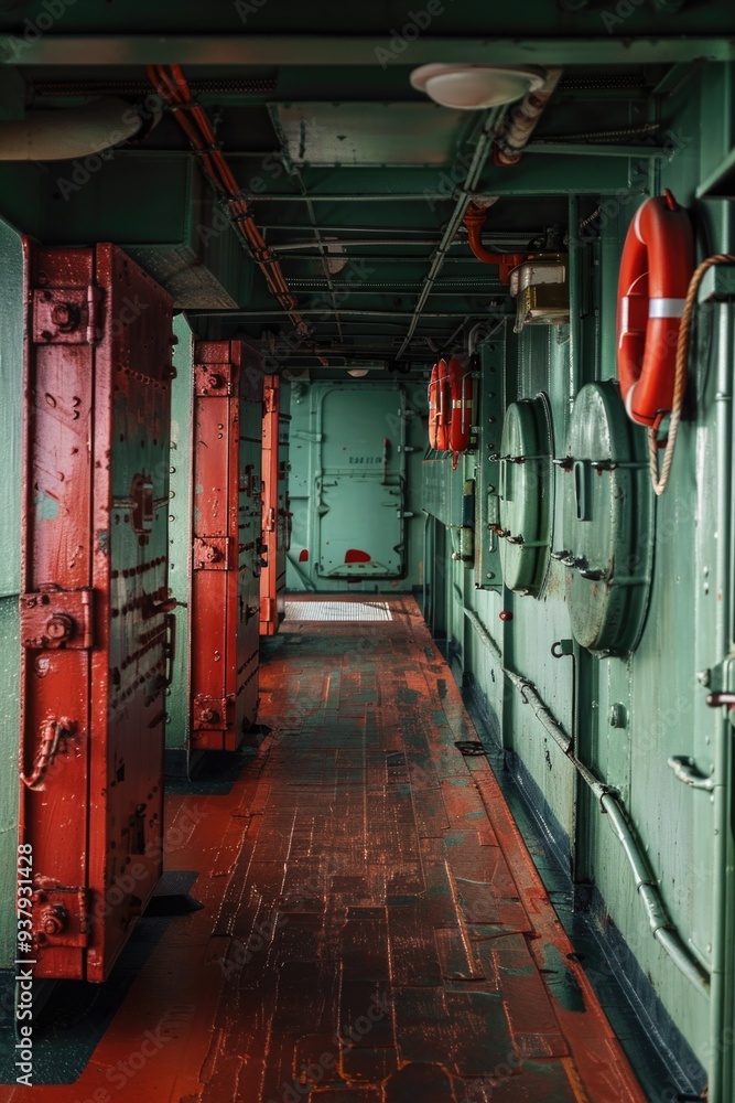 Aufkleber A long hallway with multiple doors in green and red colors, ideal for use in architecture or design projects