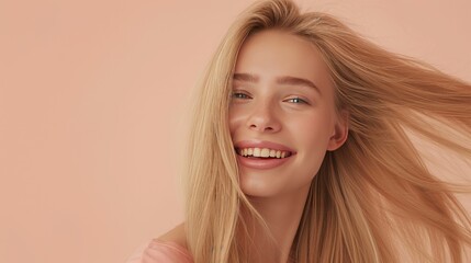 Fototapeta premium A smiling fashion model with blonde hair isolated on a soft pastel background with copy space. Blonde hair care products banner template