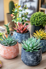 Different cute succulents in pots in the interior of the apartment. Interior decorations in modern style.