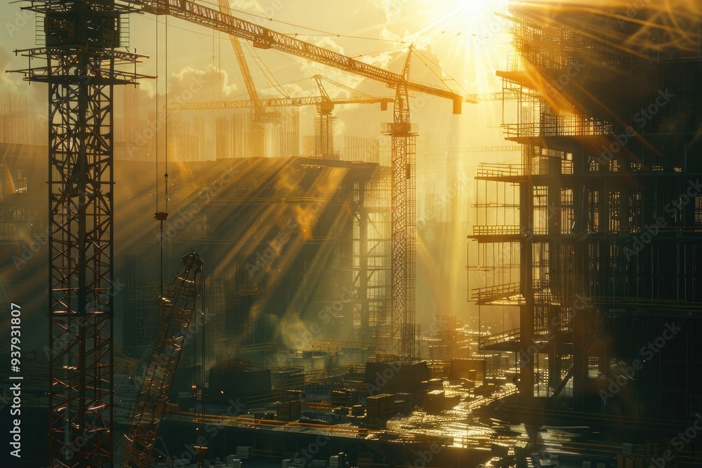 Poster a scene of a construction site with sunlight shining through the cranes, great for use in infographi