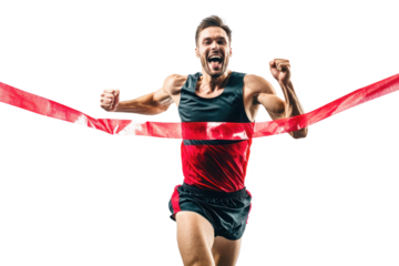 Triumphant Runner Crossing Finish Line in Victory, Breaking the Tape on Isolated White Background
