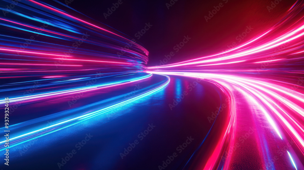 Poster neon light streaks, a dynamic display of vibrant red and blue neon light streaks, creating an eye-ca