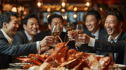 A group of Asian business man in dressed in black suits, gathered around a table, holding wine glasses and toasting, smiling as a giant lobster was placed on the table. Generative AI.