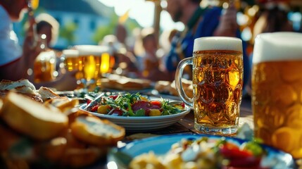 A traditional Bavarian outfit, lederhosen and dirndls, is shown during festivities. Beer mugs and plates of food are visible, celebrating Bavarian culture and tradition.