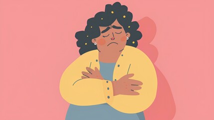 Cartoon of an overweight woman with a bloated belly, holding her stomach in pain against a pink background, in the cute style.