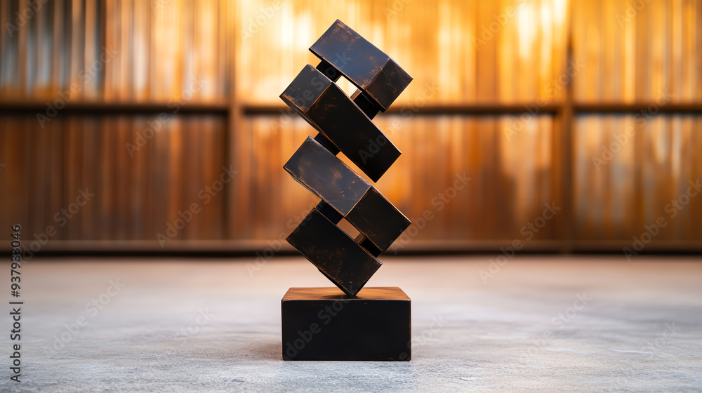 Poster a modern sculpture creating an intriguing visual contrast with geometric shapes and textures, emphas