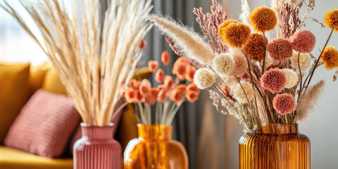 Various fluffy dried flowers in a vase in the interior of the apartment. Interior decorations in modern style.