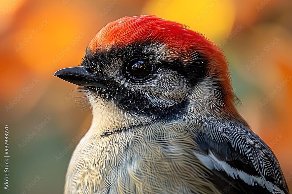 Wall mural Close-up Profile of a Vibrant Red-Crested Finch with a Smooth, Clean Feather Pattern.