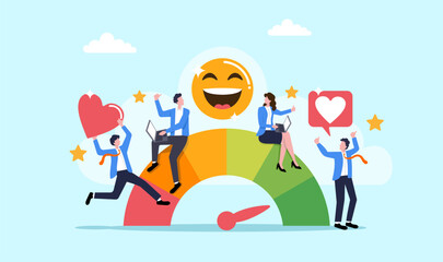 Employee satisfaction, workplace happiness or success team motivation, employee engagement or participation, feedback or company survey rating concept, business people employee with smile happy face