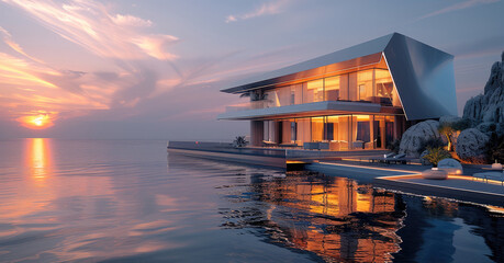 Modern, Wedding Venue, Event Space, Transparent crystal structure, Reflective surfaces, Futuristic palette, Contemporary elegance, Elegant, LED lighting, Coastal Cliff, Evening. Generative AI.