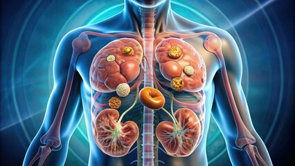 A 3D illustration of the human kidney, highlighting swollen cysts and tumors, depicting the effects of polycystic kidney disease on the organ's structure and function.