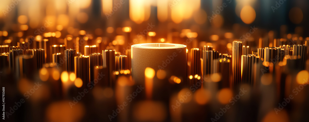 Poster abstract glowing cylinder surrounded by metallic shapes creating a futuristic and dynamic atmosphere