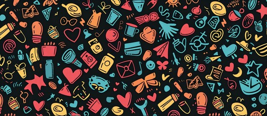 Naklejka premium black background with many small doodles of cute cartoon characters, colorful ink pen drawing, vibrant, fun, cute