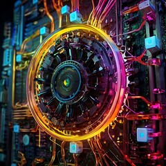 Fototapeta premium Digital technology and cyber security concept, abstract technology background of high speed global data transfer, futuristic neon hexagons, advanced technology networks