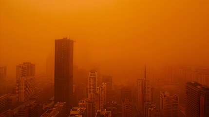 A city engulfed in an orange haze during a severe sandstorm showing low visibility