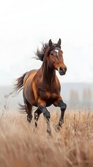 Powerful and Regal Horse Galloping Through Pastoral Field on White Background